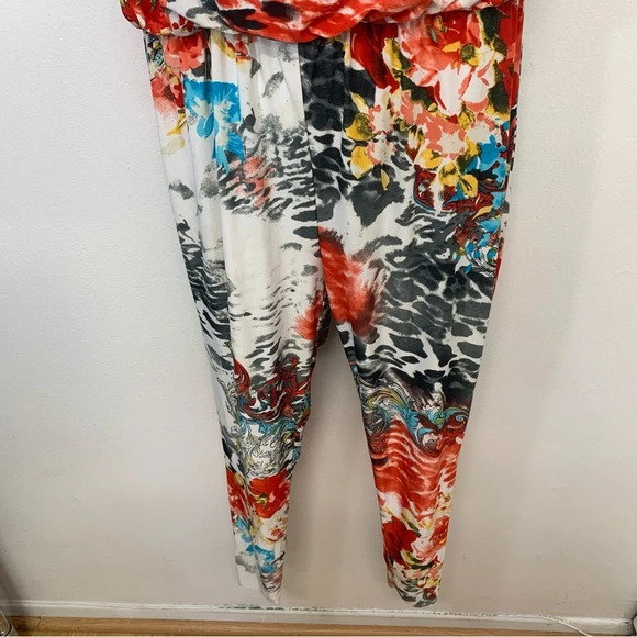 Kiss & Fly Strapless Jumpsuit Large Stretch Knit Colorful Mix Print Cinch Waist - Picture 3 of 12